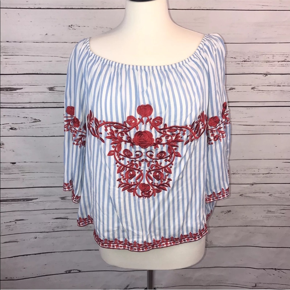 Gianni Bini Stripped embroidered off the shoulder top Large